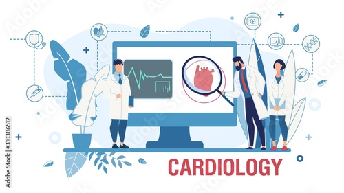 Medical Poster Promoting Online Cardiological Service. Cardiology, Medicine and Internal Organs Healthcare. Cardiovascular System Treatment. Cartoon Doctors Stand by Huge Monitor. Vector Illustration
