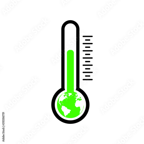 Green thermometer with earth, conceptual ecology icon on white background
