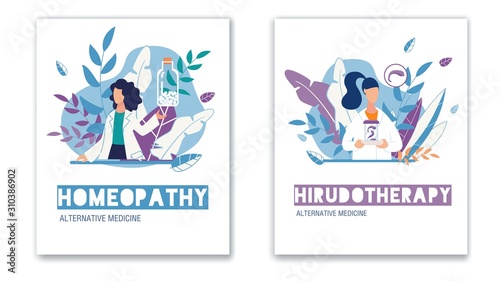 Alternative Natural Medicine. Health Care. Homeopathy and Hirudotherapy Vertical Poster Flat Set. Medical Leech and Homeopathic Pills in Glass Bank. Cartoon Doctors or Pharmacists. Vector Illustration