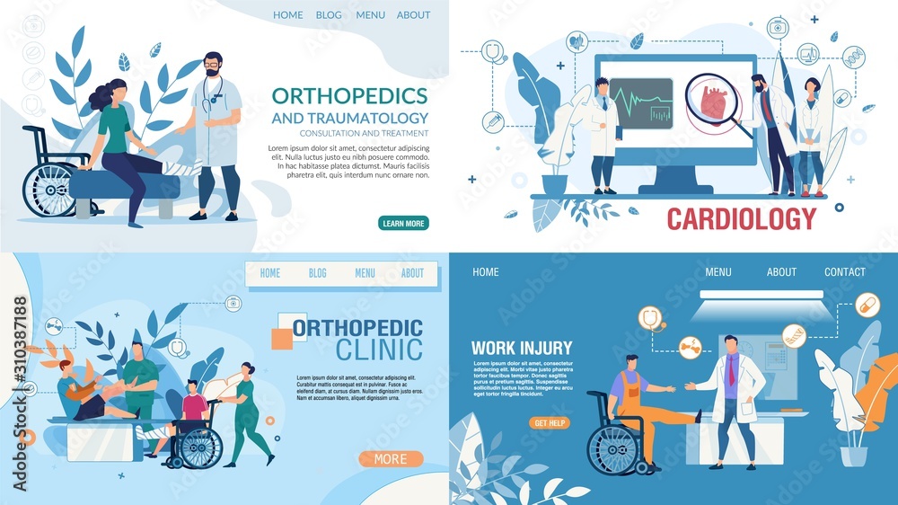 Medical Flat Landing Page Design Templates Set. Online Medicine, Health Insurance, Therapy. Orthopedic Clinic Services, Work Injury Treatment, Cardiology Department. Vector Cartoon Illustration