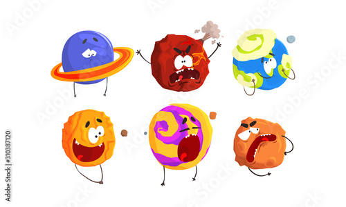 Funny Planets and Asteroids of Solar System Vector Set