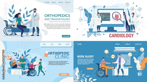 Medical Flat Landing Page Design Templates Set. Online Medicine, Health Insurance, Therapy. Orthopedic Clinic Services, Work Injury Treatment, Cardiology Department. Vector Cartoon Illustration © TeraVector