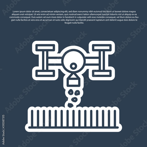Blue line Smart farm with drone control for seed planting icon isolated on blue background. Innovation technology for agricultural company. Vector Illustration