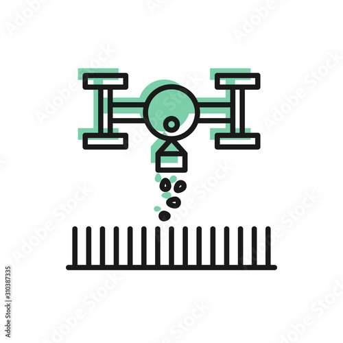 Black line Smart farm with drone control for seed planting icon isolated on white background. Innovation technology for agricultural company. Vector Illustration