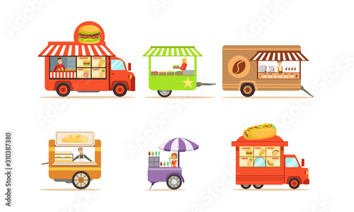 Street Food Truck and Mobile Trolleys Vector Set