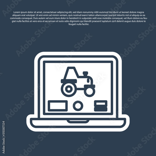 Blue line Laptop application for control a autonomous tractor on a smart farm icon isolated on blue background. Smart agriculture implement. Vector Illustration