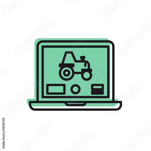 Black line Laptop application for control a autonomous tractor on a smart farm icon isolated on white background. Smart agriculture implement. Vector Illustration