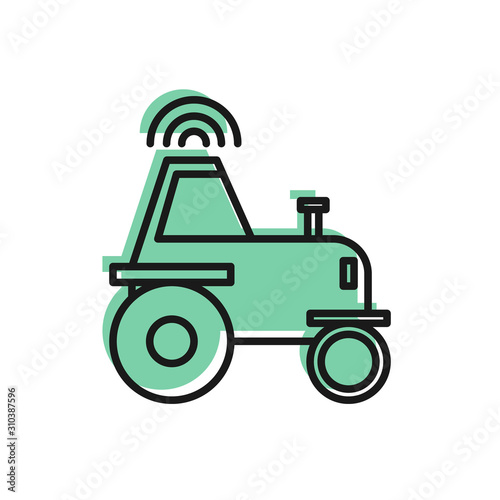 Black line Self driving wireless tractor on a smart farm icon isolated on white background. Smart agriculture implement element. Vector Illustration