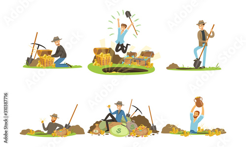 Treasure Hunter Sitting on Gemstone Pile Vector Illustrations Set