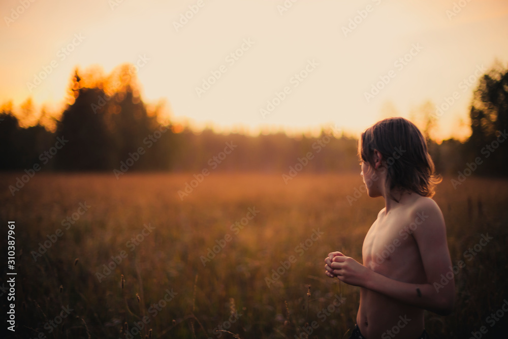 Boy standing by field at sunset Boy standing by field at sunset