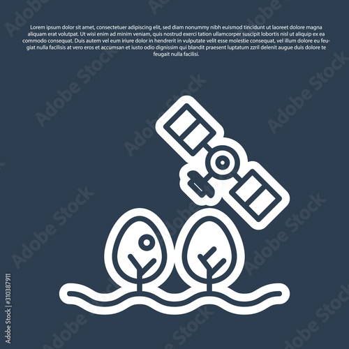 Blue line Smart farm with drone control and tree icon isolated on blue background. Innovation technology for agricultural company. Vector Illustration