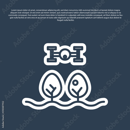 Blue line Smart farm with drone control and tree icon isolated on blue background. Innovation technology for agricultural company. Vector Illustration