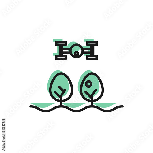 Black line Smart farm with drone control and tree icon isolated on white background. Innovation technology for agricultural company. Vector Illustration
