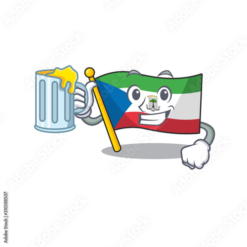 Happy flag equatorial guinea Scroll mascot design with a big glass