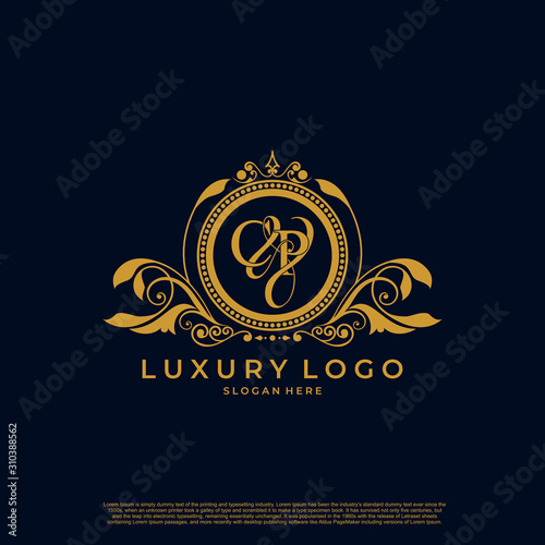 Logo Initial letter CP luxury vector mark, gold color elegant classical symmetric curves decor.