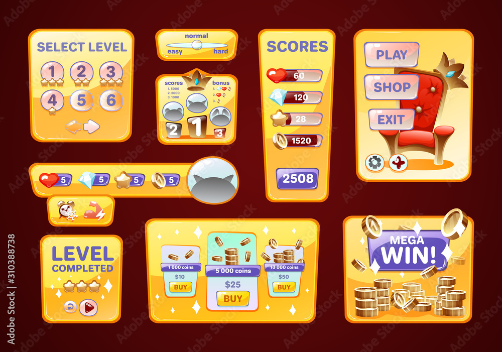 Game UI kit user interface. Icons, dashboard for app