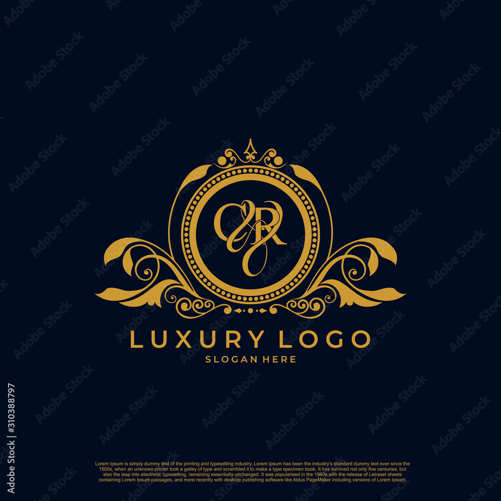Logo Initial letter CR luxury vector mark, gold color elegant classical symmetric curves decor. Logo Initial letter CR luxury vector mark, gold color elegant classical symmetric curves decor.