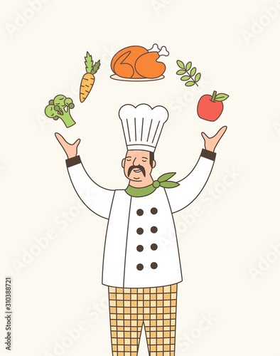 Skillful chef outline vector illustration. Professional dreamy cook in white ...