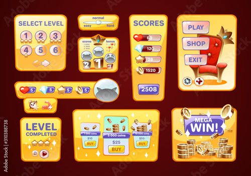 Game UI kit user interface. Icons, dashboard for app