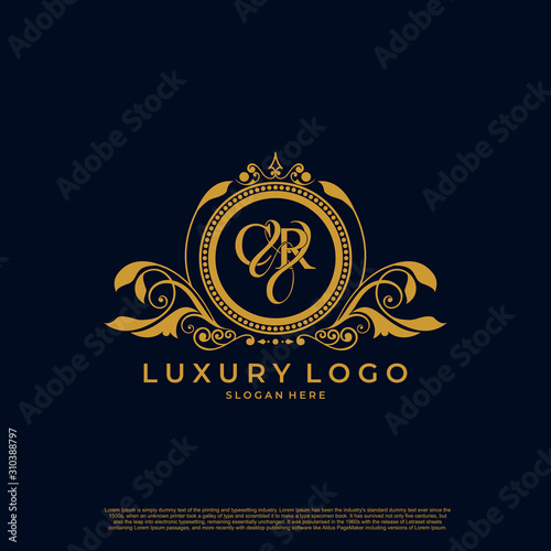 Logo Initial letter CR luxury vector mark, gold color elegant classical symmetric curves decor.