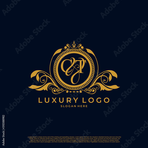 Logo Initial letter CT luxury vector mark, gold color elegant classical symmetric curves decor.