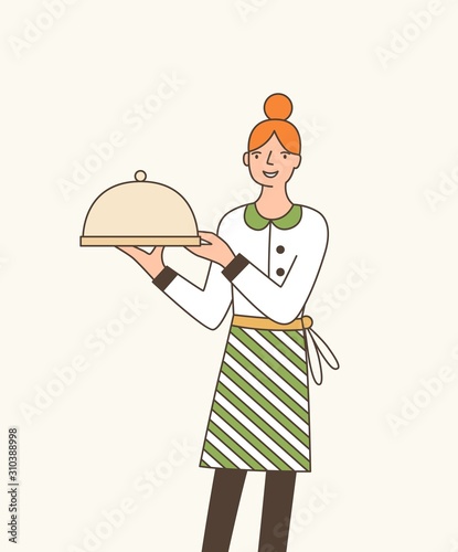 Waitress serving dish flat vector illustration