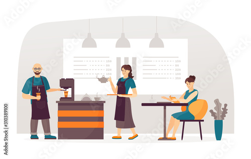 Waitresses serving people relaxing in bar cafe. Barista makes coffee, waitress serving clients delivering food and drinks cartoon vector