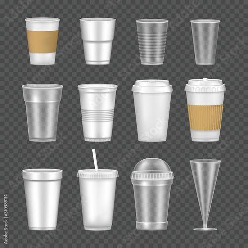 Set of empty transparent realistic cup glasses. Mockup paper, plastic disposable 3D glasses takeaway for cold and hot drinks. Container plastic cup mockups for juice, tea, coffee vector illustration.