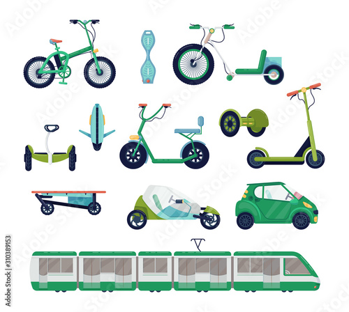Set of modern electric urban transport: bicycle, gyro scooter, scooter, bicycle, electric car, tram, hoverboard, segway. Ecological alternative transport vector illustration isolated