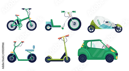 Set of modern electric urban transport: bicycle, scooter, bicycle, electric car, hoverboard, segway. Ecological alternative transport vector illustration isolated