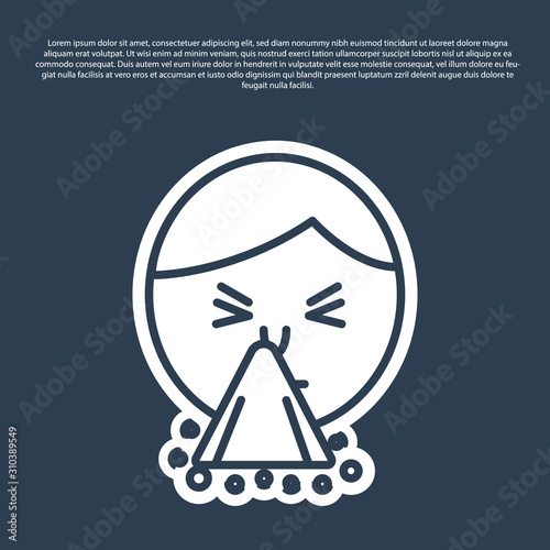 Blue line Man holding handkerchief or napkin to his runny nose icon isolated on blue background. Coryza desease symptoms. Vector Illustration