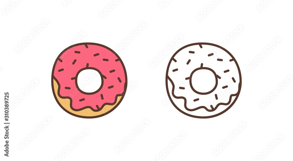 Delicious doughnut linear vector icon. Sweet glazed donut with sprinkles outline illustration. Pastry shop, bakery, confectionery logotype design element. Tasty baking isolated on white background.