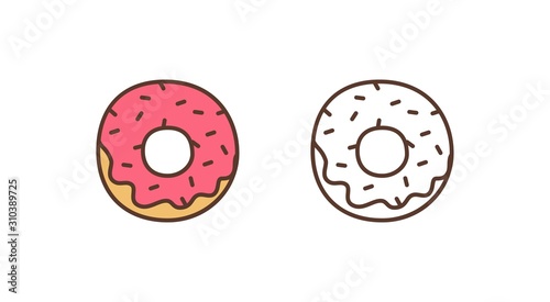 Delicious doughnut linear vector icon. Sweet glazed donut with sprinkles outline illustration. Pastry shop, bakery, confectionery logotype design element. Tasty baking isolated on white background.