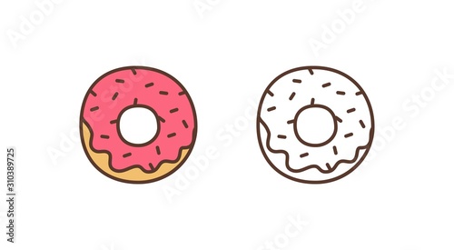 Delicious doughnut linear vector icon. Sweet glazed donut with sprinkles outline illustration. Pastry shop, bakery, confectionery logotype design element. Tasty baking isolated on white background. photo