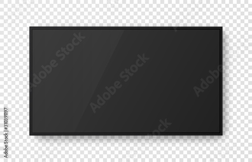 Realistic black television screen on transparent background. Mockup of computer monitor display. 3d TV led monitor. Vector illustration