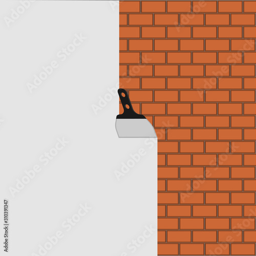 Gray concrete and brick wall with trowel. Place for text, slogan, quote and advertisement. Repair or construction concept. Vector illustration. 