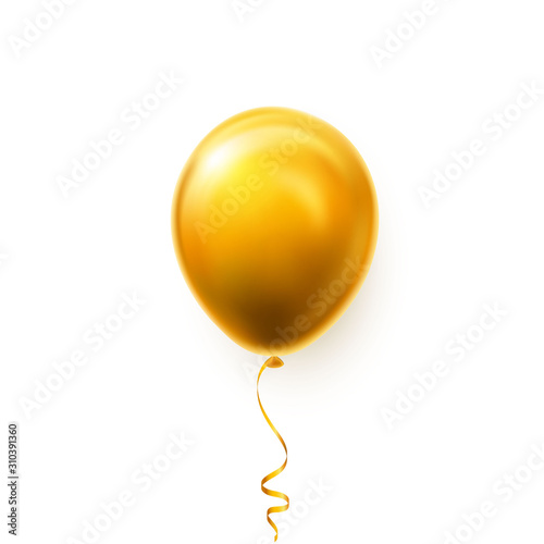 Realistic golden balloon on white background with shadow. Shine helium balloon for wedding, Birthday, parties. Festival decoration. Vector illustration