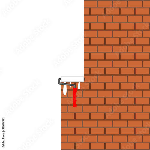 White paint on a brick wall is painted roller. Drops of paint. White background. Place for text, slogan, quote and advertisement. Repair or construction concept. Vector illustration in flat style.