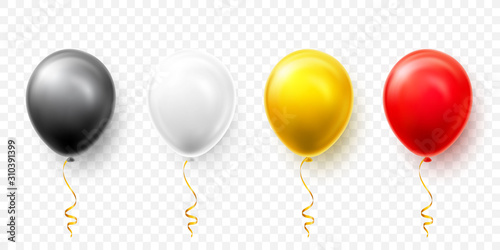 Realistic black, white, red and gold balloons with shadow. Shine helium balloon for wedding, Birthday, parties. Festival decoration. Vector illustration