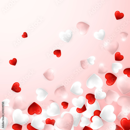 Happy Valentines Day background, flying red, pink and white hearts. Vector illustration