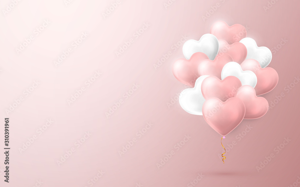 Happy Valentines Day background, flying bunch of pink and white helium balloon in form of heart. Vector illustration