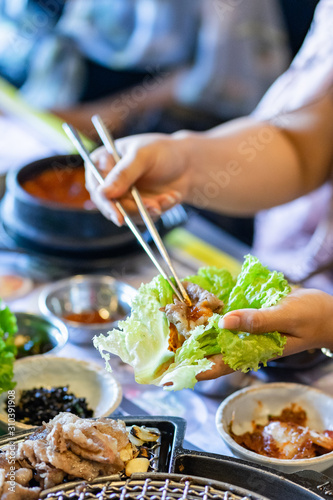 Having lunch with Korean food & other side dish
