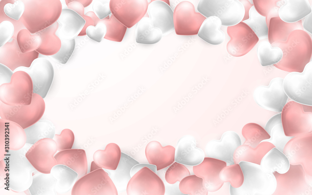 Happy Valentines Day background, pink and white hearts on light pink background. Vector illustration