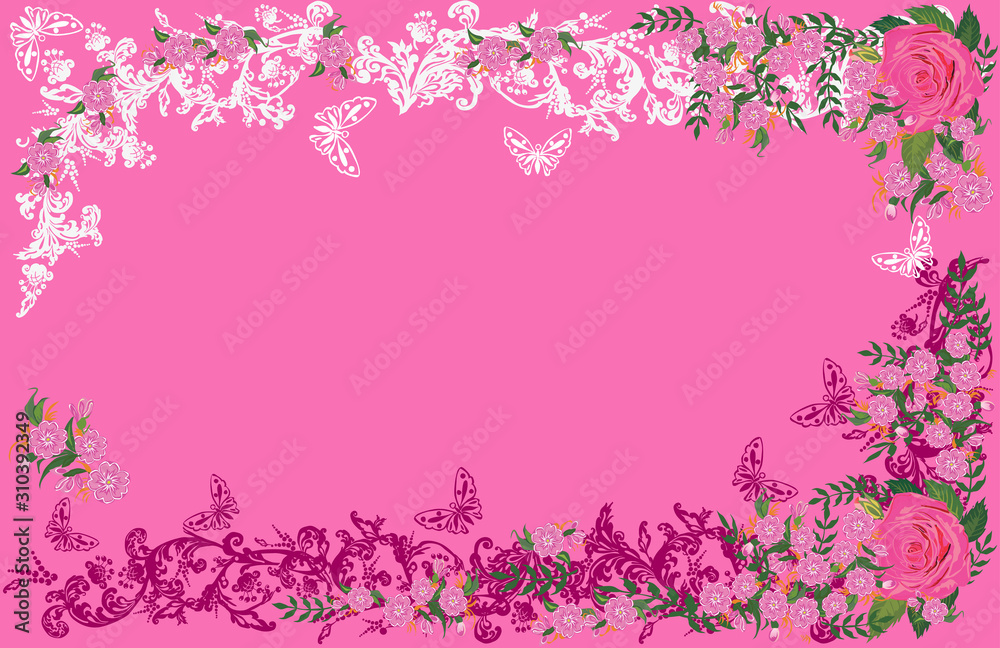 roses and small flowers in frame on pink background