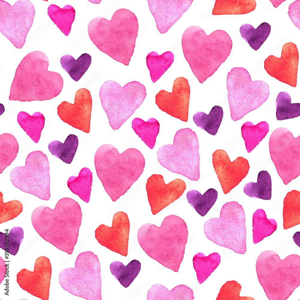 Seamless pattern with hand-drawn watercolor hearts on a white background. Valentine's day texture for design of wrapping paper, postcards, fabric and other souvenir products Seamless pattern with hand-drawn watercolor hearts on a white background. Valentine's day texture for design of wrapping paper, postcards, fabric and other souvenir products