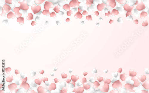 Fototapeta Naklejka Na Ścianę i Meble -  Happy Valentines Day background, pink and white hearts on light pink background. Vector illustration