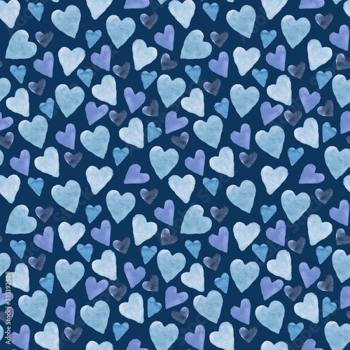Seamless pattern with hand-drawn watercolor blue hearts on indigo background. Valentine s day texture for design of wrapping paper  postcards  fabric and other souvenir products