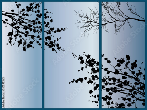 black silhouettes of blossom cherry tree branches on light blue