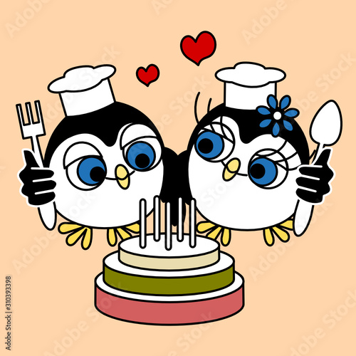 two confectioner penguins a boy and a girl baked a cake and stand near it, holding a spoon and a fork in their hands on a pink isolated background with hearts