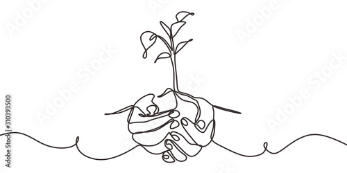 Continuous one line drawing of back to nature theme with hands holding a plant. Concept of growing and love earth.